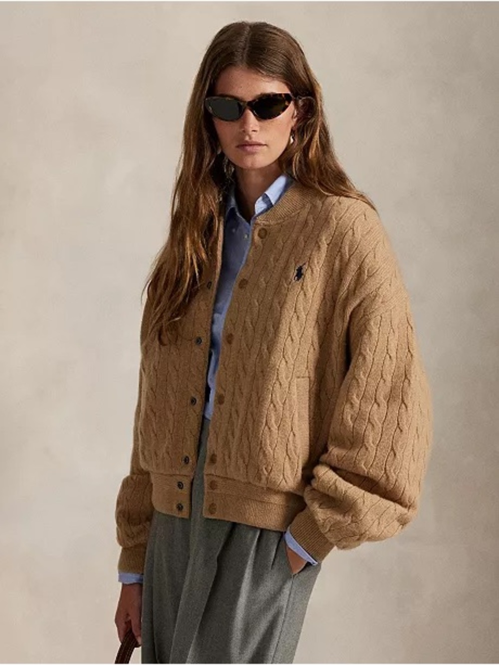 Polo Ralph Lauren Cable Knit Wool Cashmere Bomber Jacket in Tan